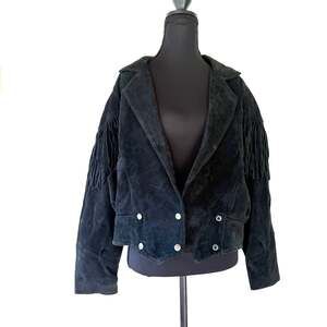 Vintage Black Suede Leather Fringe Western Jacket